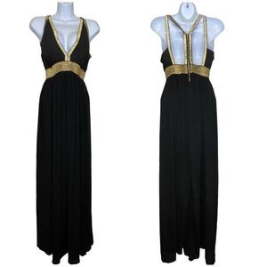 CQ by CQ Low VNeck Backless Maxi Dress Black With Gold Metallic Trim Large